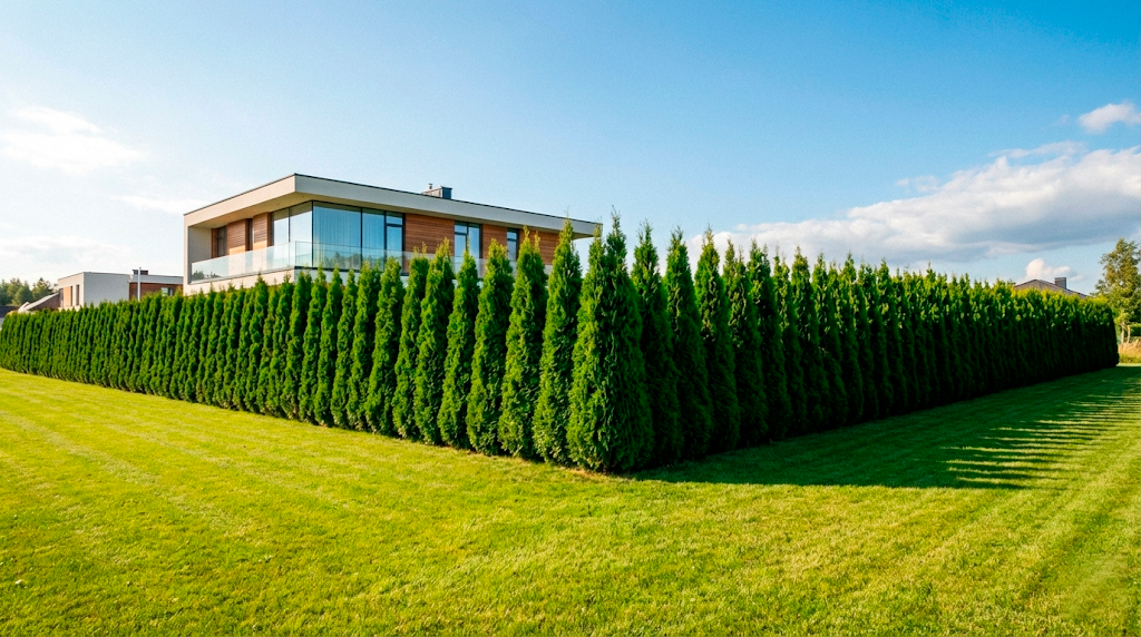Довгий живопліт з туй вздовж паркану